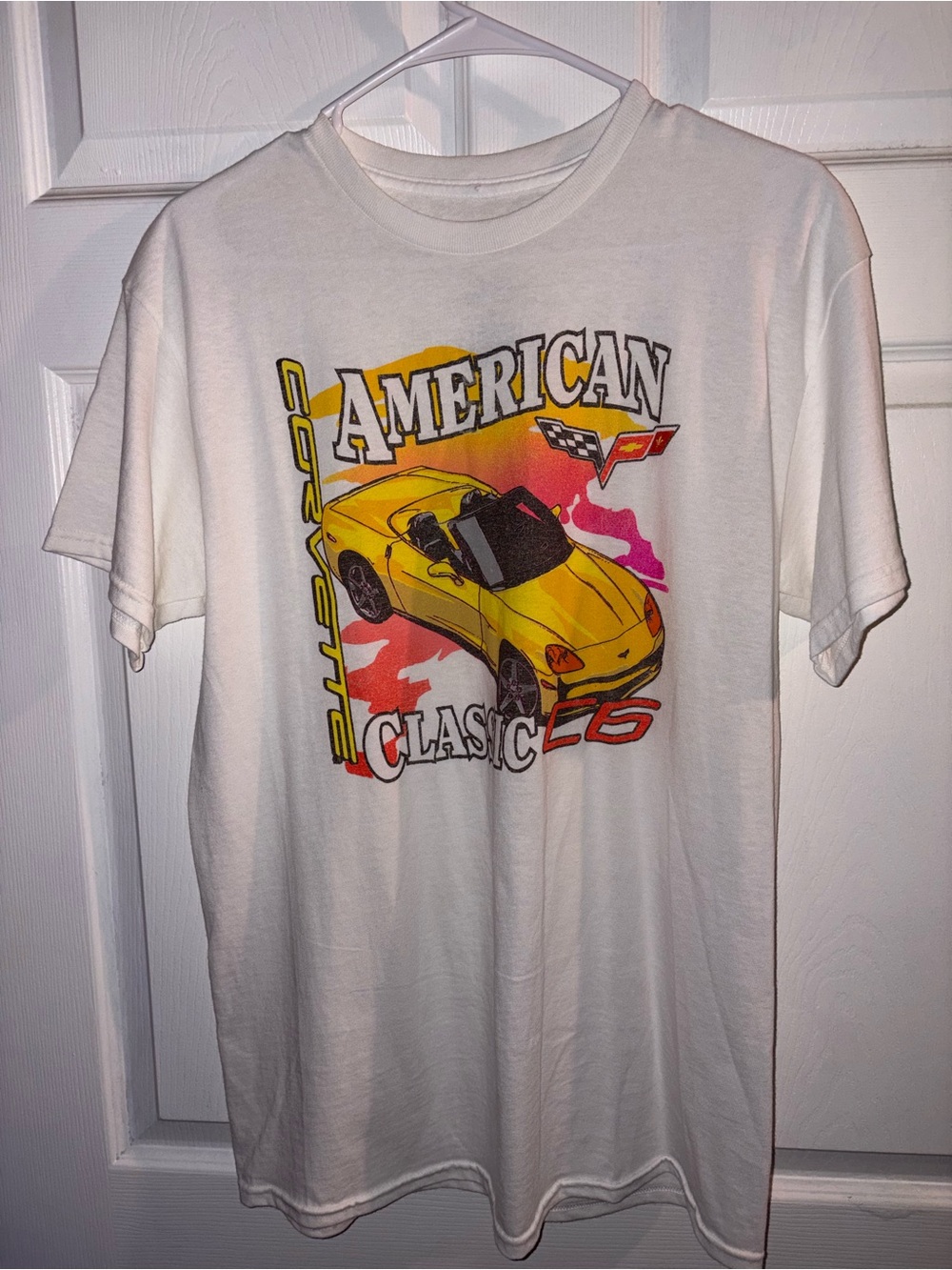 Hybrid Apparel White Short Sleeve Tee with Yellow Corvette Graphic
